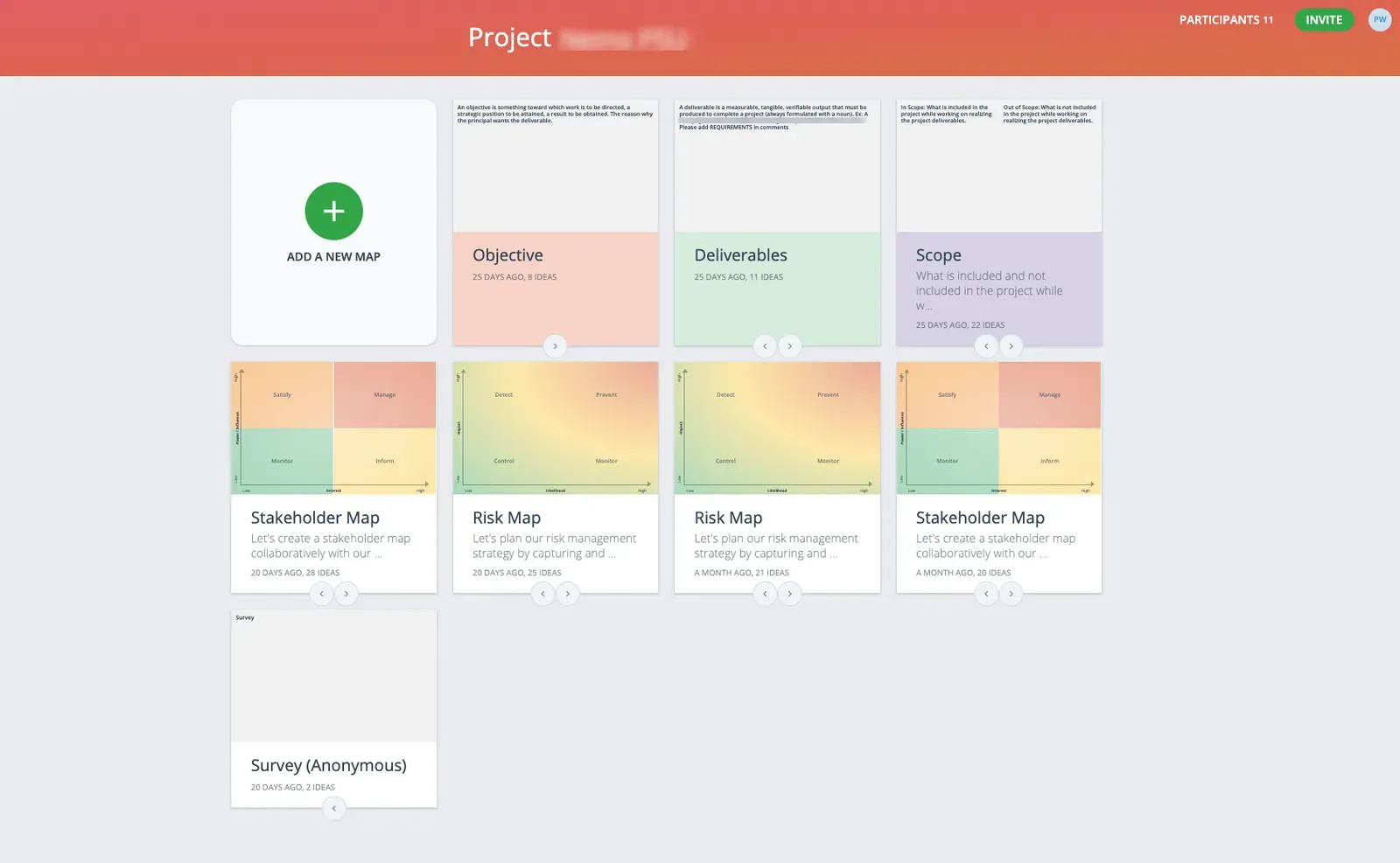 GroupMap project dashboard showing objective, deliverables, scope and risk maps