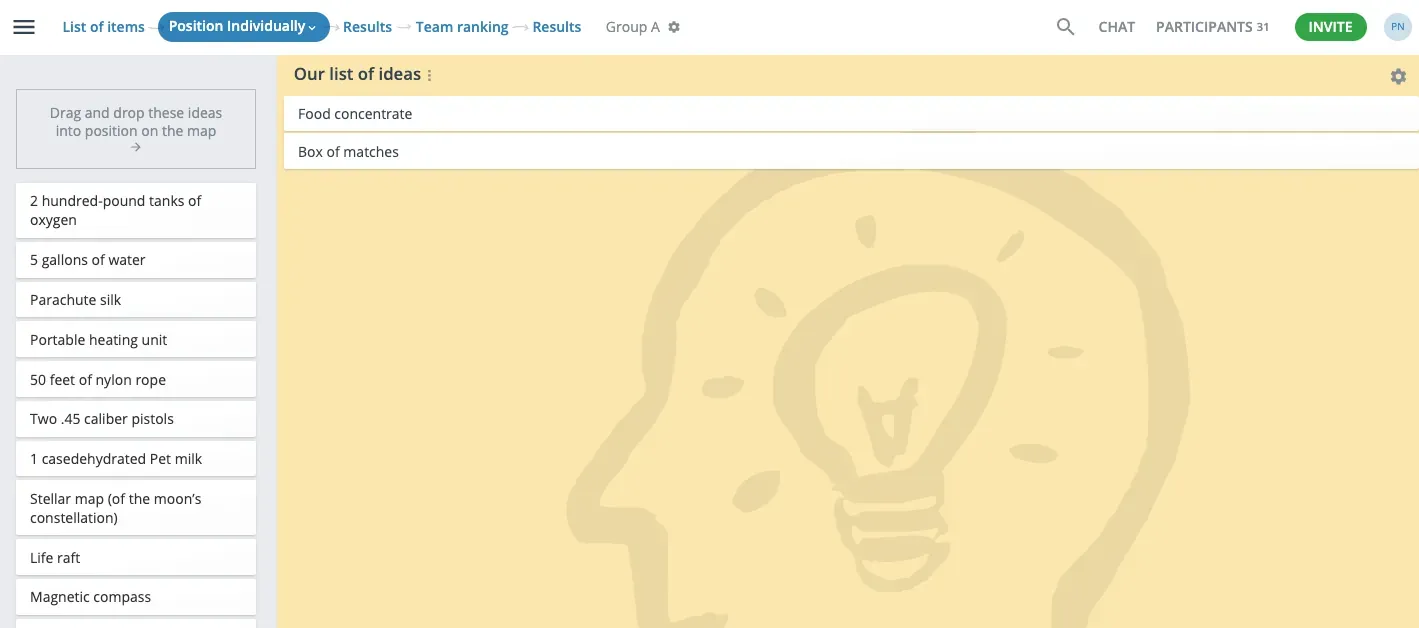 GroupMap Survival on the Moon activity listing supply items to rank individually