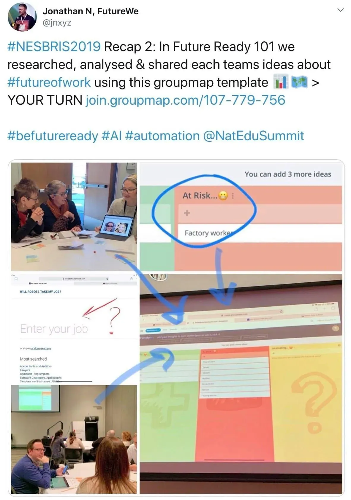 Tweet collage of workshop attendees and a GroupMap board sorting jobs at risk from automation