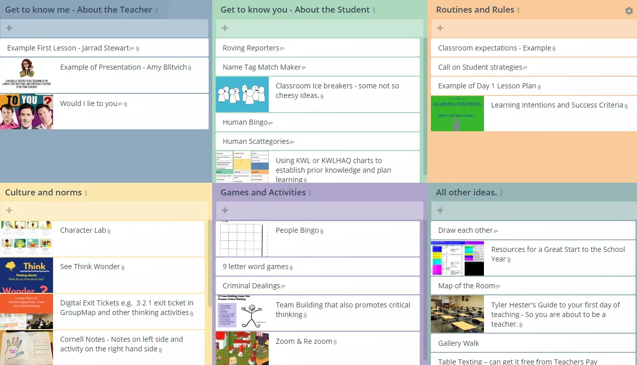 GroupMap resource-library board of shared first-lesson, icebreaker and classroom activity ideas