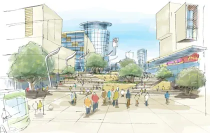 Illustrated concept sketch of a redeveloped city plaza with people walking