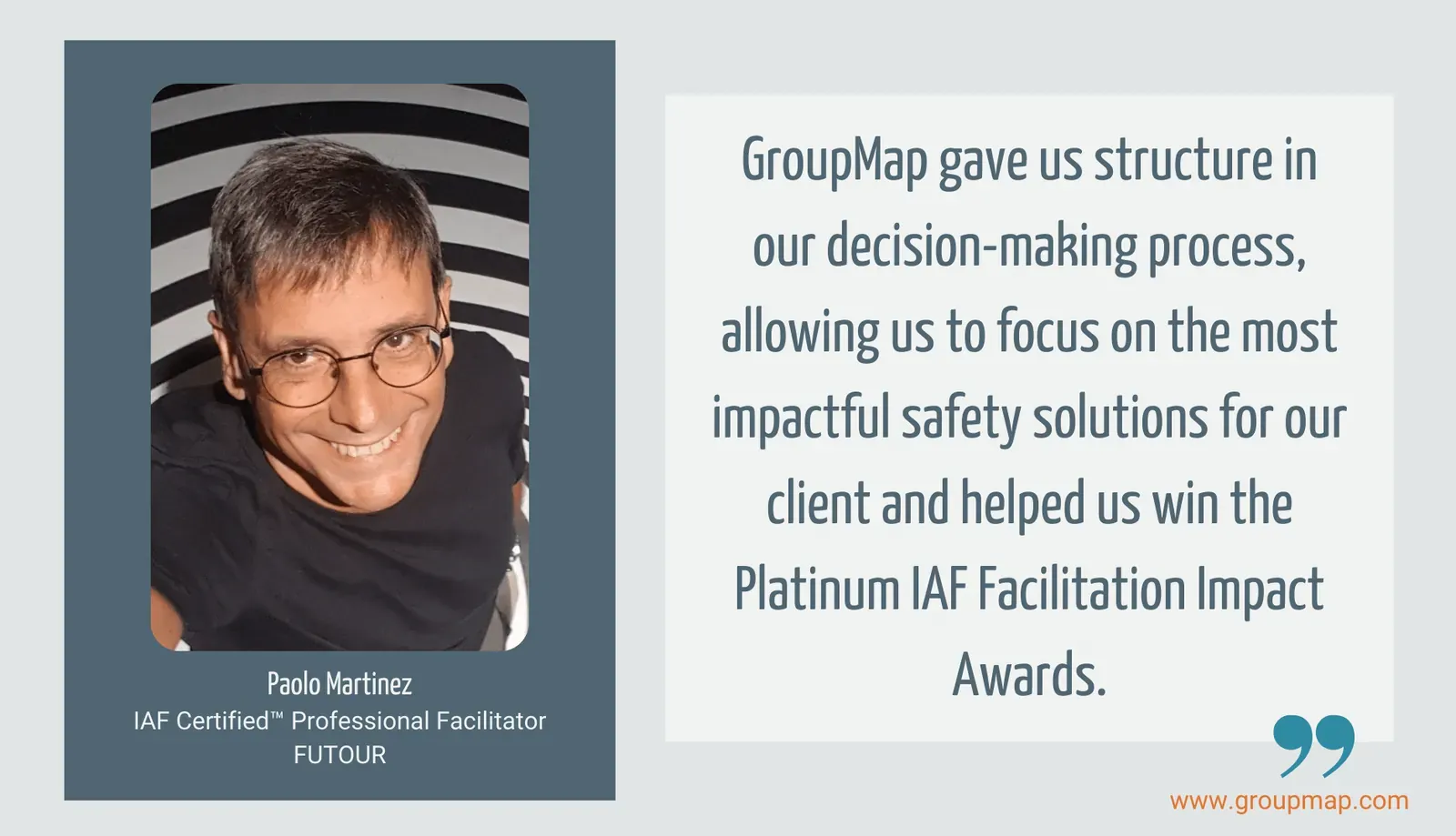 Testimonial from facilitator Paolo Martinez about winning an IAF Facilitation Impact Award with GroupMap