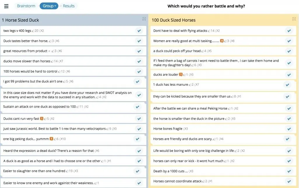 GroupMap board with two columns of arguments for horse-sized duck versus duck-sized horses