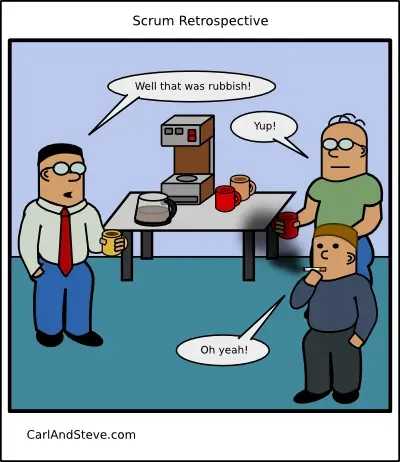 Cartoon of coworkers at a coffee machine joking about a scrum retrospective