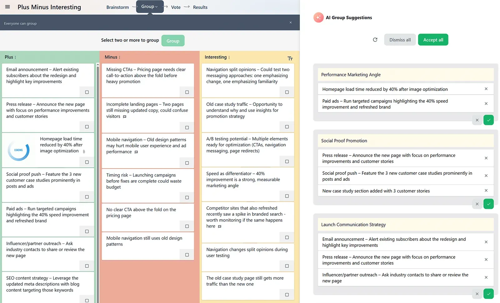 GroupMap AI suggesting themes and groups for ideas
