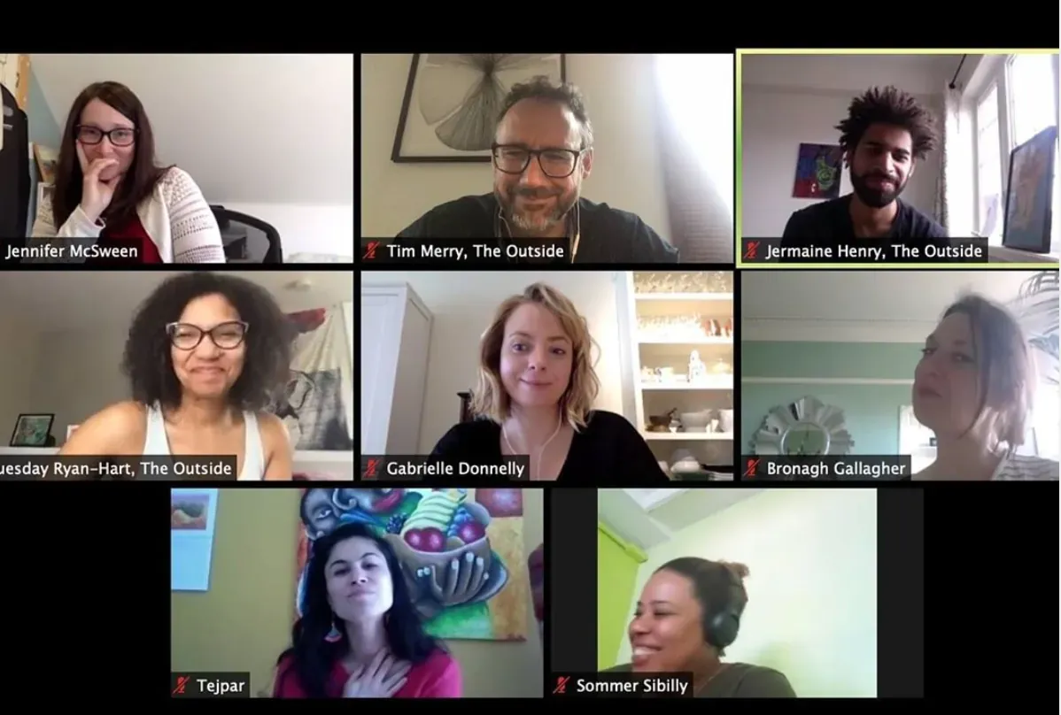 Video call grid showing eight workshop participants